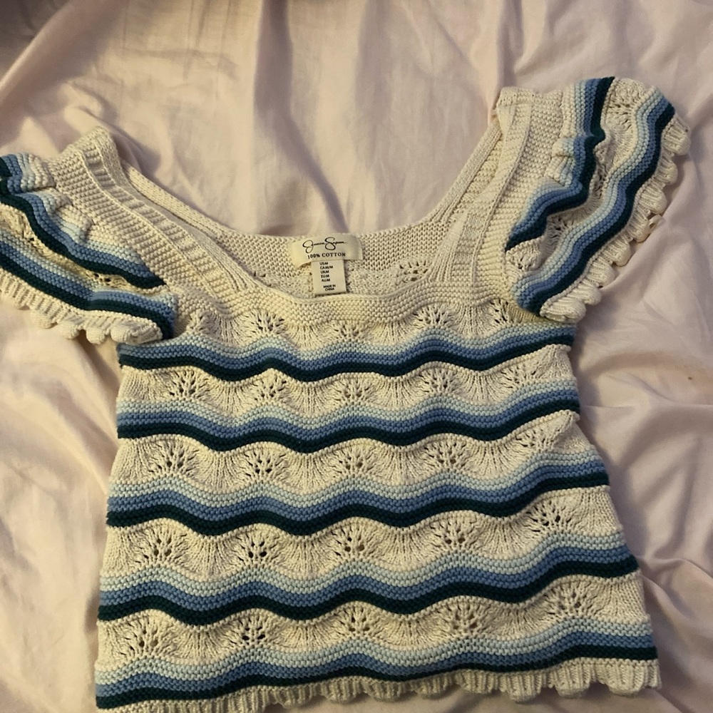 Striped Crochet Top with Blue and White Waves